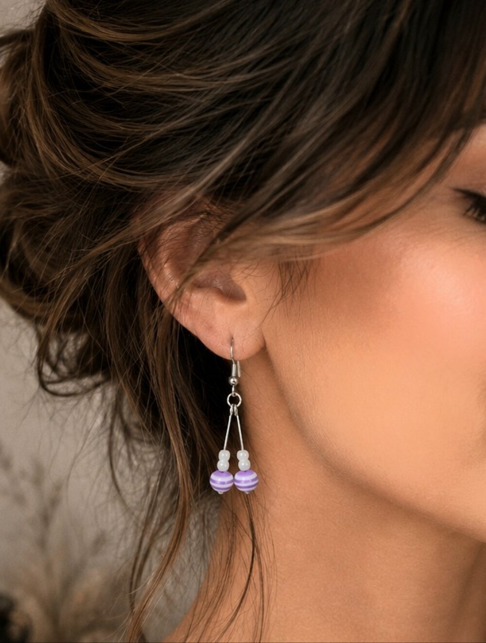 Handcrafted Purple And White Glass Bead Dangle Earrings
